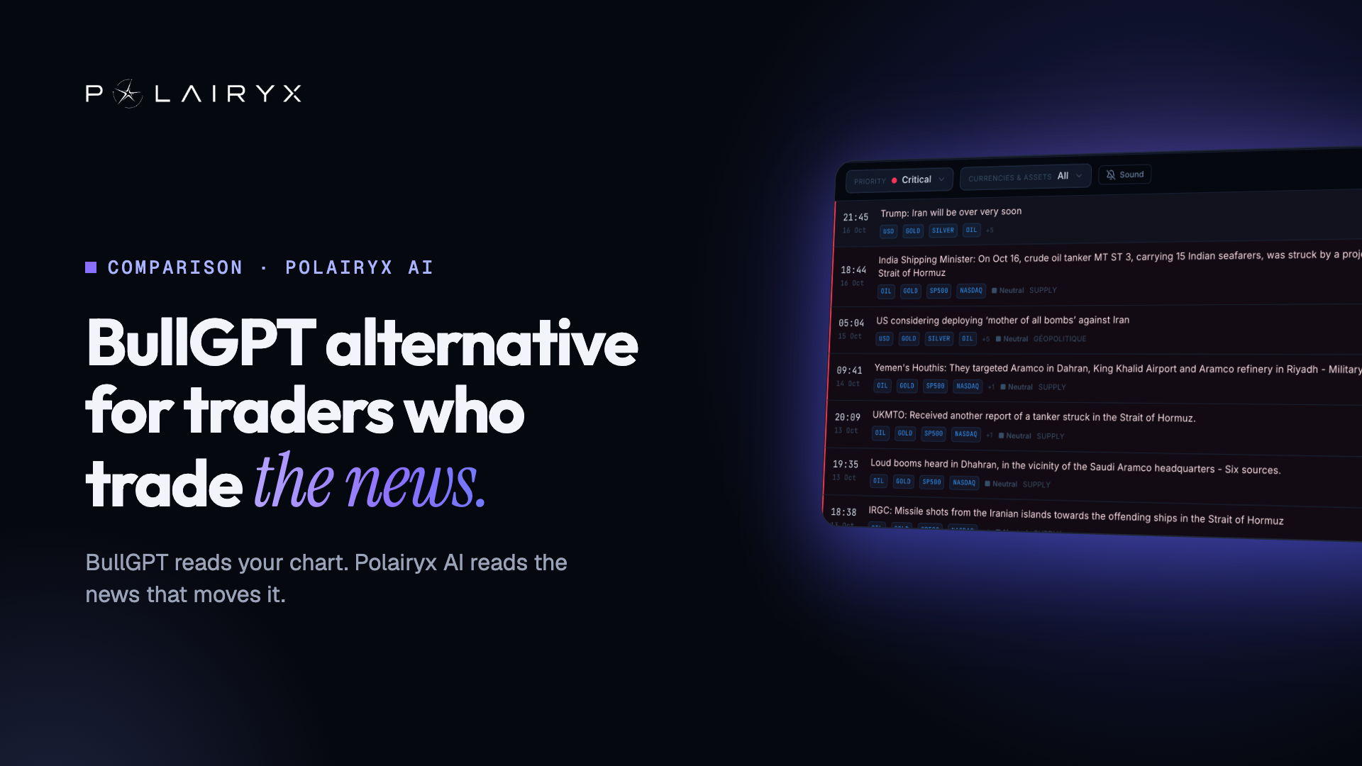 Polairyx AI live news feed tagging each headline with the assets it moves, next to the title "BullGPT alternative for traders who trade the news"