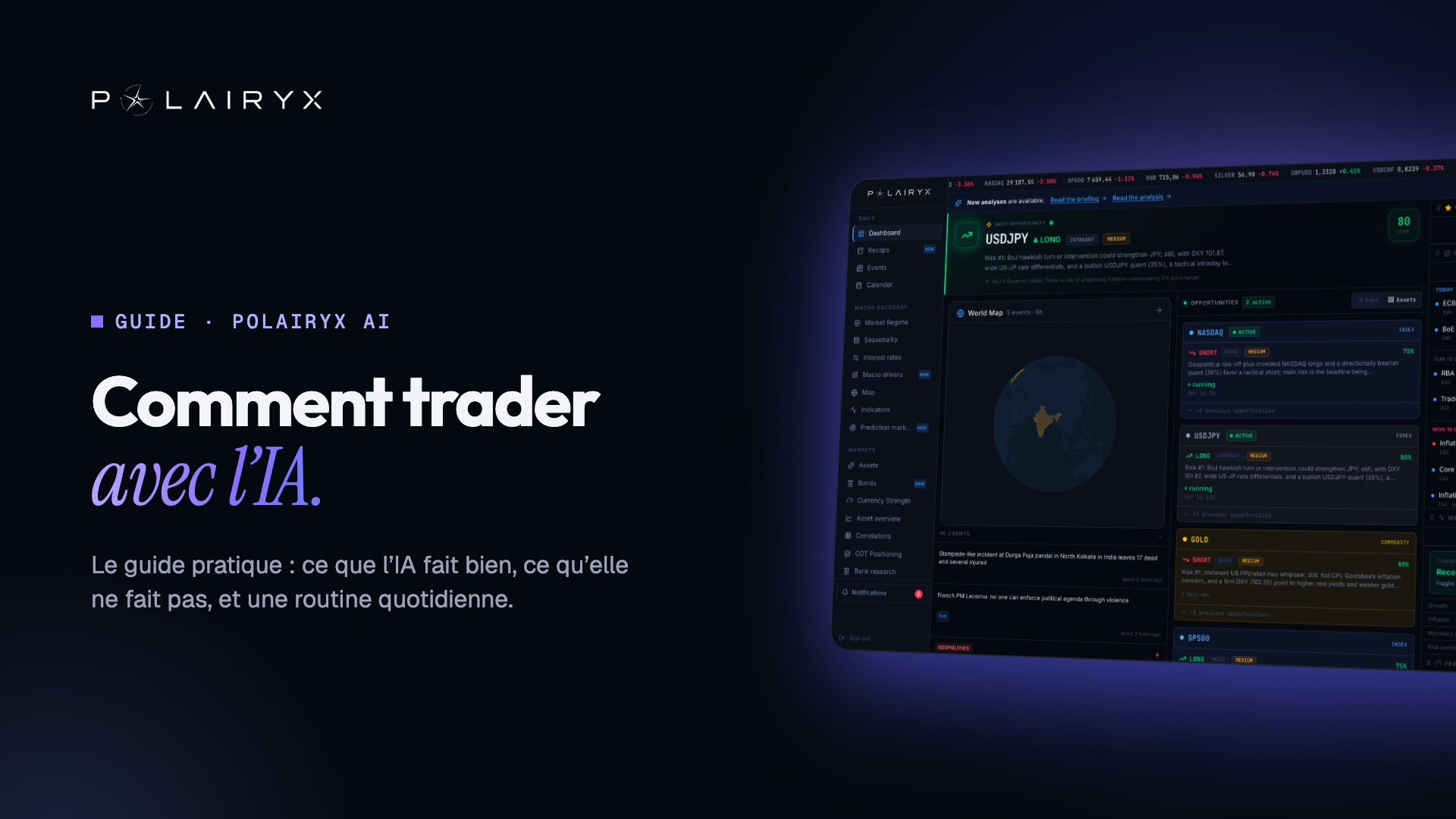 Le tableau de bord du terminal macro Polairyx AI, avec des lectures de marché en direct, à côté du titre « Comment trader avec l'IA »